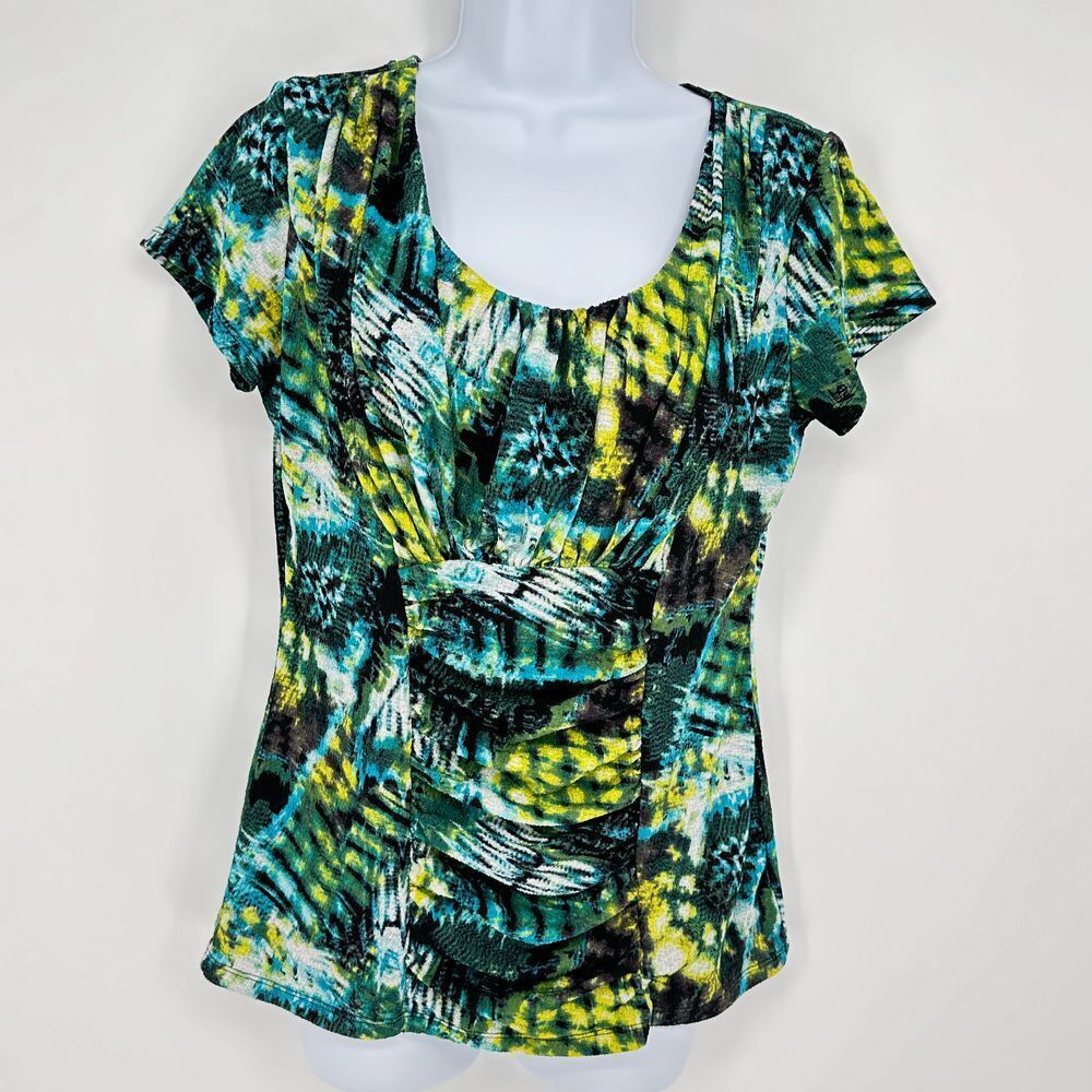 Alfani Tropical Print Short Sleeve Scoop Neck Top Blouse Multicolor Women's M
